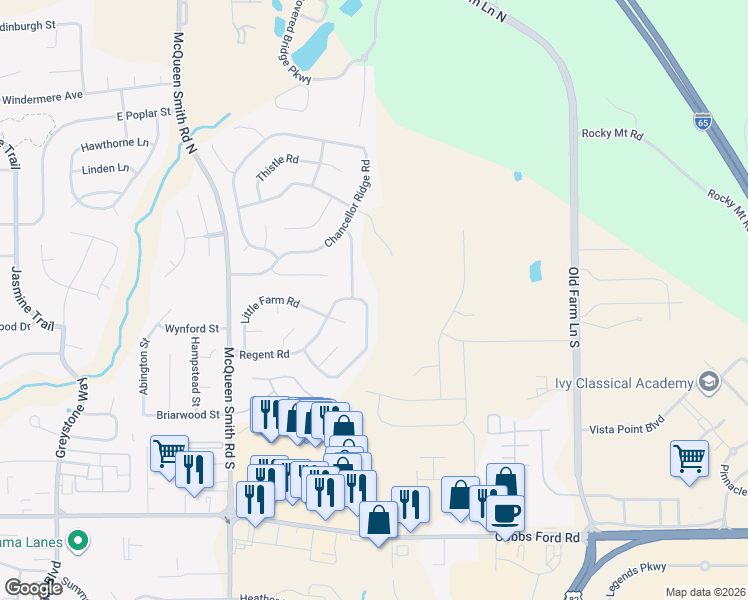 map of restaurants, bars, coffee shops, grocery stores, and more near 1957 Regent Road in Prattville
