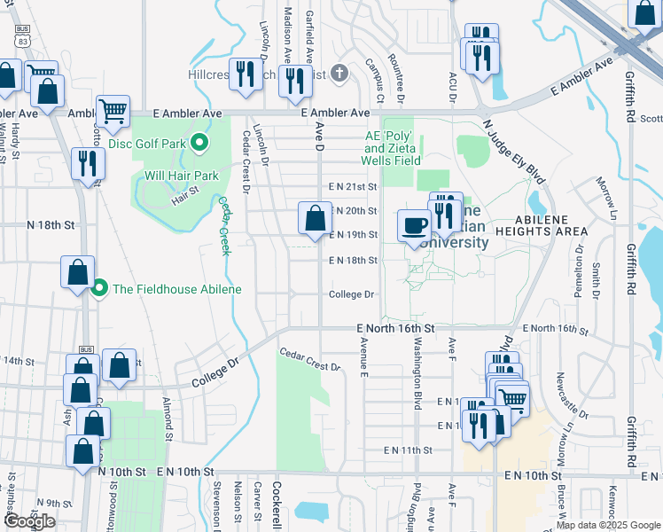 map of restaurants, bars, coffee shops, grocery stores, and more near 617 East North 18th Street in Abilene