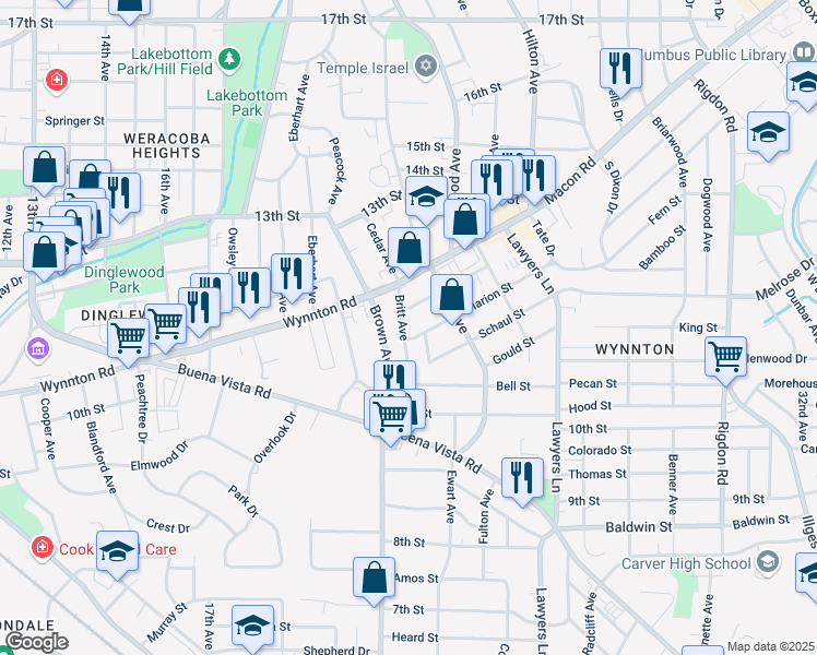 map of restaurants, bars, coffee shops, grocery stores, and more near 1170 Brown Avenue in Columbus