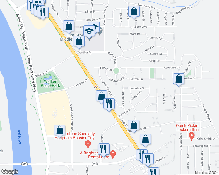 map of restaurants, bars, coffee shops, grocery stores, and more near 598 Whitefield Lane in Bossier City