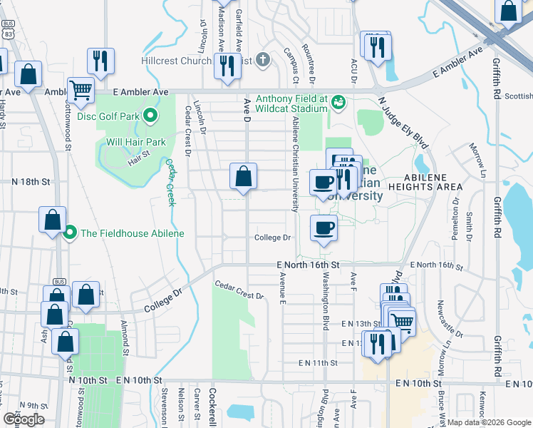 map of restaurants, bars, coffee shops, grocery stores, and more near 649 East North 18th Street in Abilene