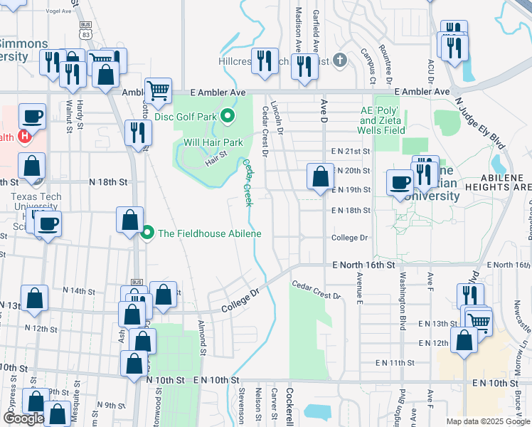 map of restaurants, bars, coffee shops, grocery stores, and more near 1726 Cedar Crest Drive in Abilene