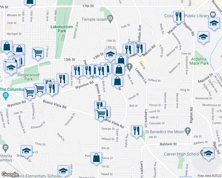map of restaurants, bars, coffee shops, grocery stores, and more near 2305 Marion Street in Columbus