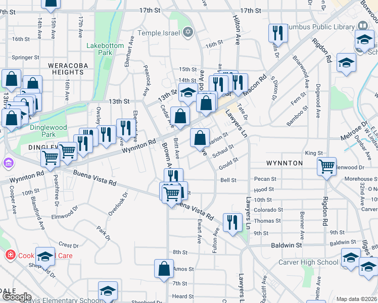 map of restaurants, bars, coffee shops, grocery stores, and more near 1163 Henry Avenue in Columbus