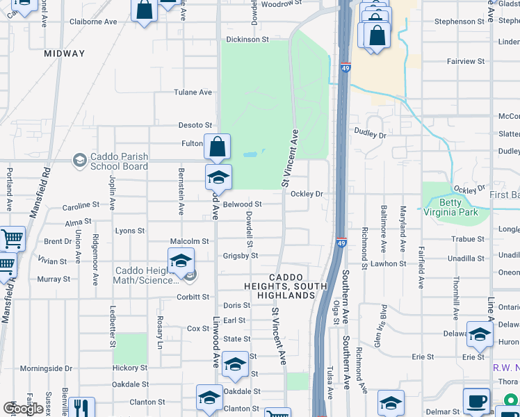 map of restaurants, bars, coffee shops, grocery stores, and more near 1443 Belwood Street in Shreveport