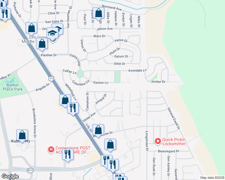 map of restaurants, bars, coffee shops, grocery stores, and more near 1401 Violet Avenue in Bossier City