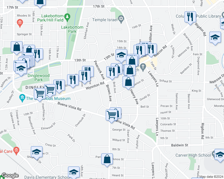 map of restaurants, bars, coffee shops, grocery stores, and more near 1157 Britt Avenue in Columbus