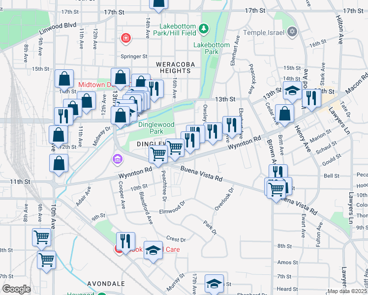 map of restaurants, bars, coffee shops, grocery stores, and more near 1203 16th Avenue in Columbus