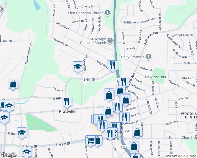 map of restaurants, bars, coffee shops, grocery stores, and more near 703 East 6th Street in Prattville