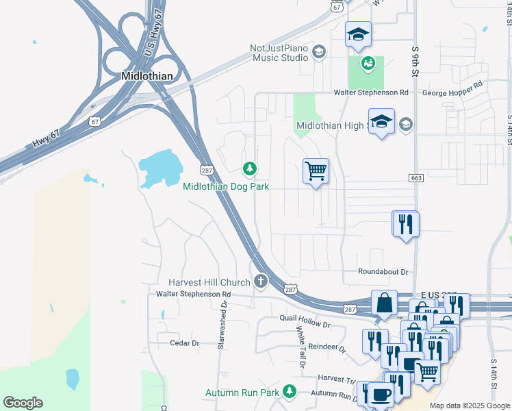 map of restaurants, bars, coffee shops, grocery stores, and more near 1111 Walter Stephenson Road in Midlothian