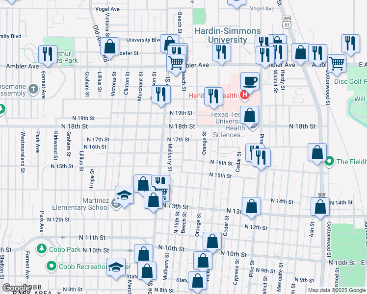 map of restaurants, bars, coffee shops, grocery stores, and more near 1501 North 17th Street in Abilene