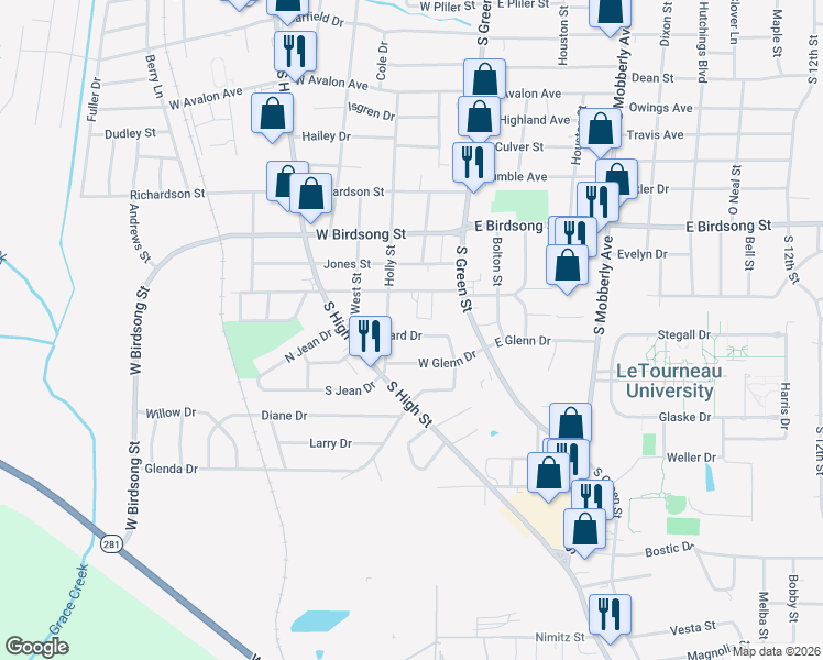 map of restaurants, bars, coffee shops, grocery stores, and more near 8 Rowland Drive in Longview