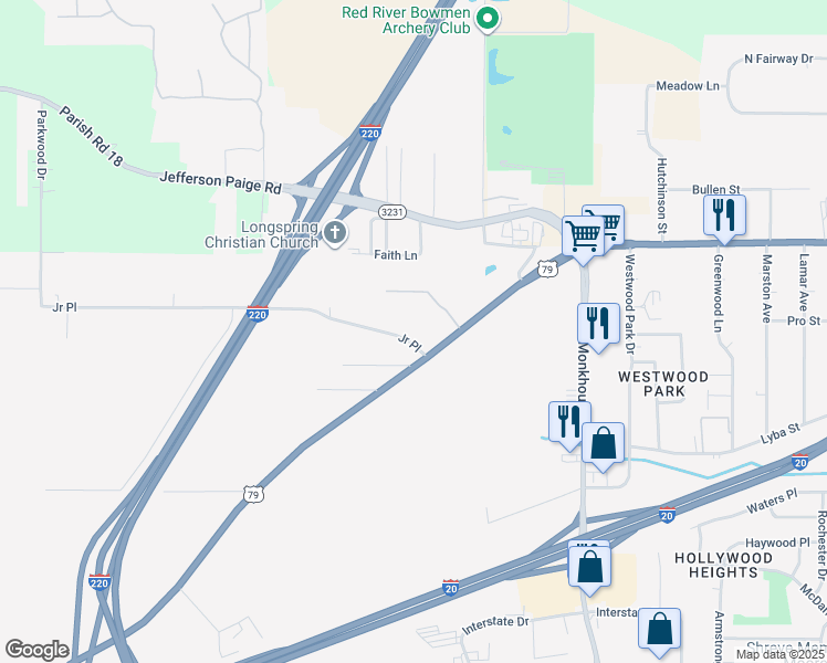map of restaurants, bars, coffee shops, grocery stores, and more near 3204 Junior Place in Shreveport