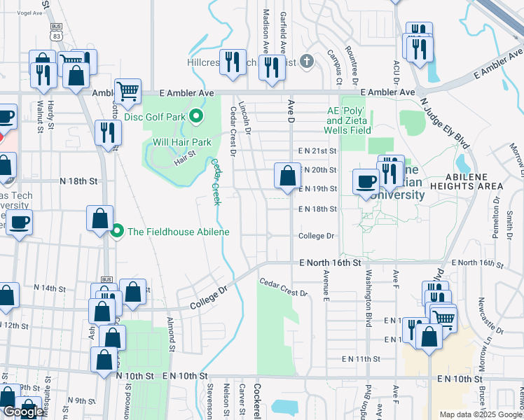 map of restaurants, bars, coffee shops, grocery stores, and more near 1766 Lincoln Drive in Abilene