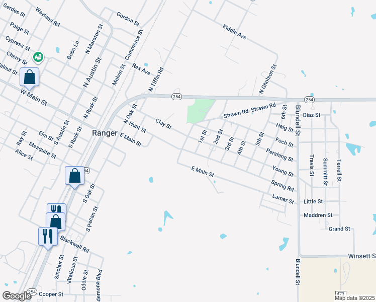 map of restaurants, bars, coffee shops, grocery stores, and more near 313 1st Street in Ranger
