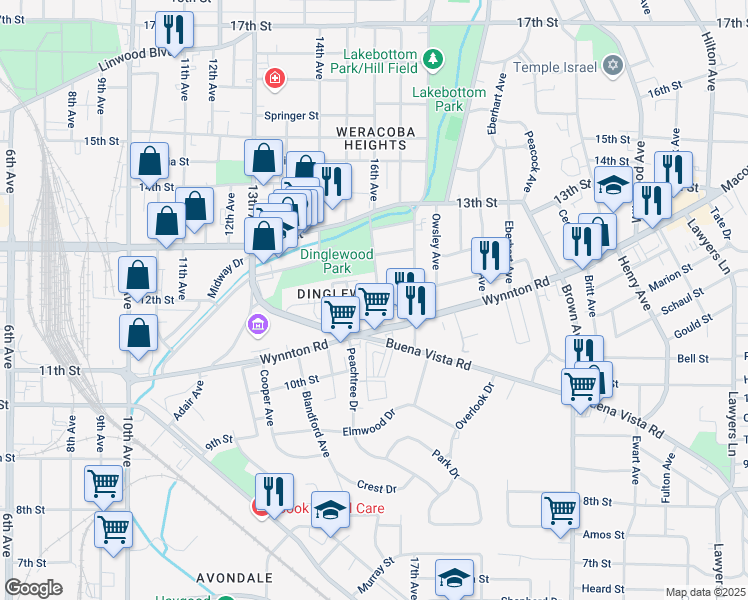 map of restaurants, bars, coffee shops, grocery stores, and more near 1131 16th Avenue in Columbus