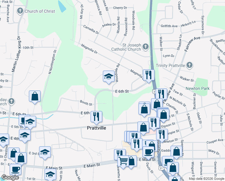 map of restaurants, bars, coffee shops, grocery stores, and more near 208 Woodvale Road in Prattville