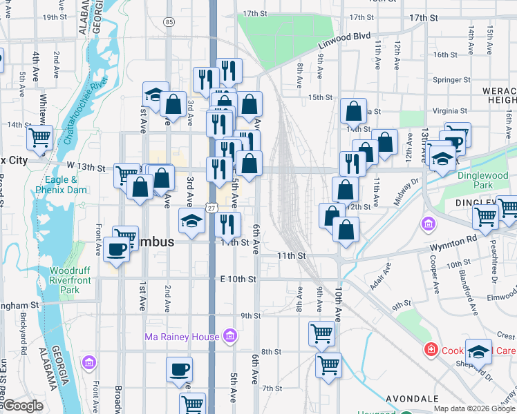 map of restaurants, bars, coffee shops, grocery stores, and more near 600 12th Street in Columbus