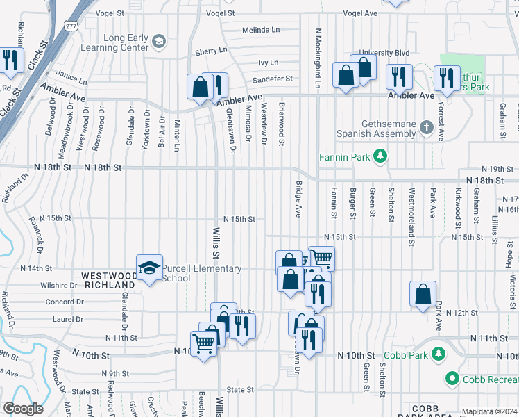 map of restaurants, bars, coffee shops, grocery stores, and more near 1536 Westview Drive in Abilene