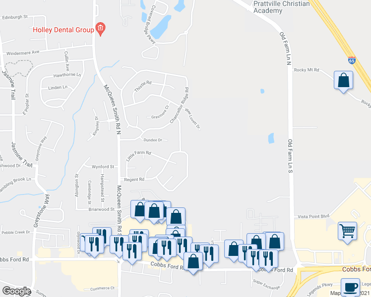 map of restaurants, bars, coffee shops, grocery stores, and more near 1951 Regent Road in Prattville