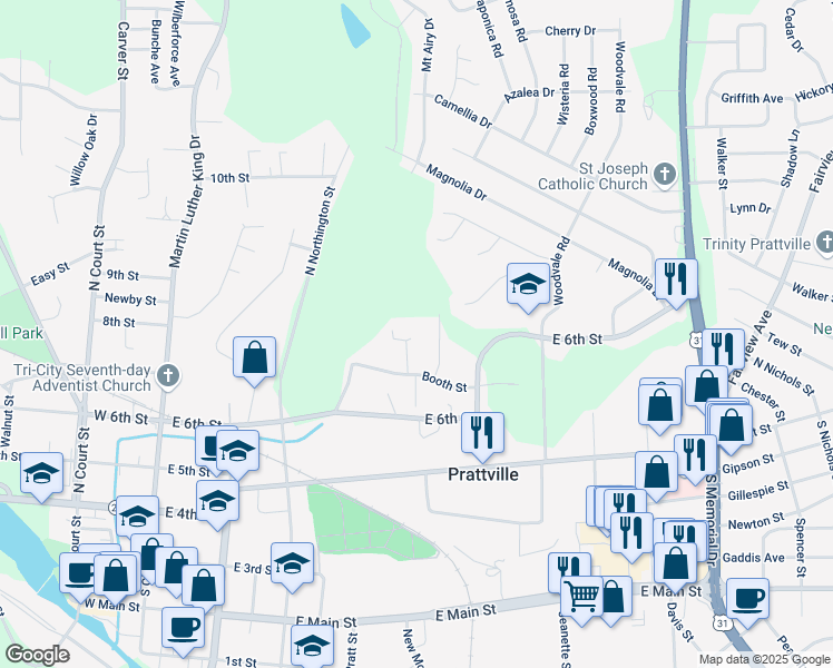 map of restaurants, bars, coffee shops, grocery stores, and more near 350 Booth Lane in Prattville