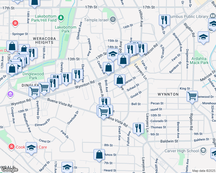 map of restaurants, bars, coffee shops, grocery stores, and more near 1170 Brown Avenue in Columbus