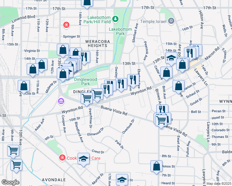 map of restaurants, bars, coffee shops, grocery stores, and more near 1900 12th Street in Columbus
