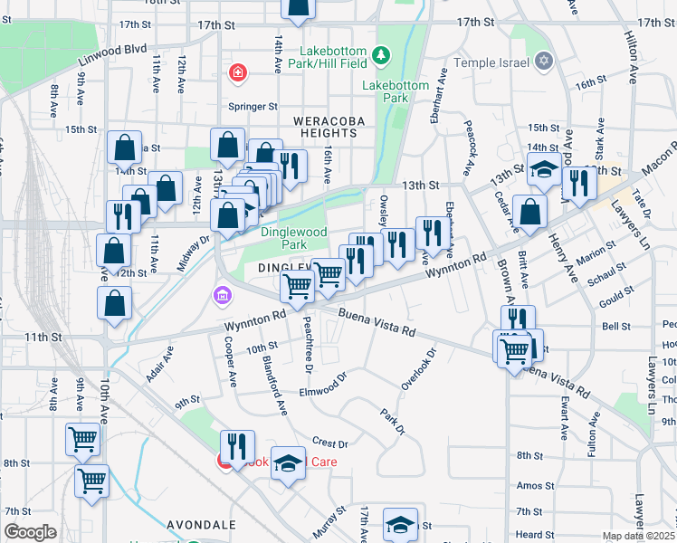 map of restaurants, bars, coffee shops, grocery stores, and more near 1203 16th Avenue in Columbus