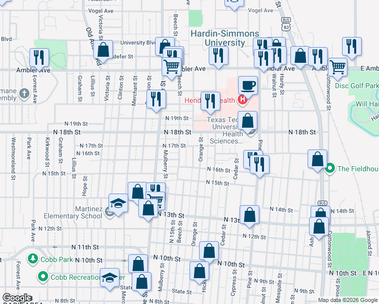 map of restaurants, bars, coffee shops, grocery stores, and more near 1674 Orange Street in Abilene