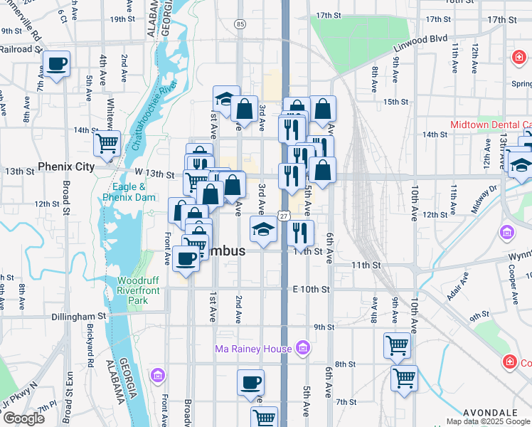 map of restaurants, bars, coffee shops, grocery stores, and more near 303 12th Street in Columbus