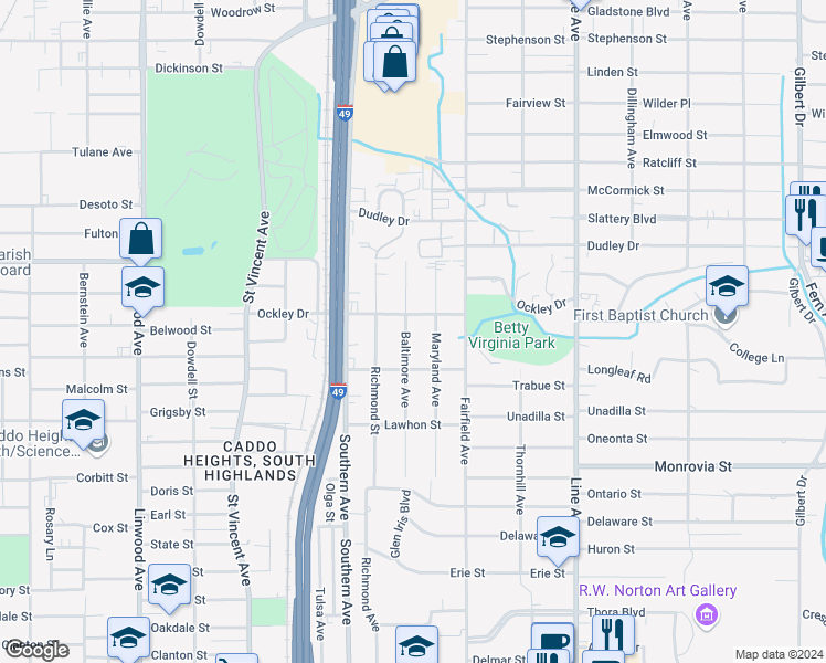 map of restaurants, bars, coffee shops, grocery stores, and more near 3917 Baltimore Avenue in Shreveport