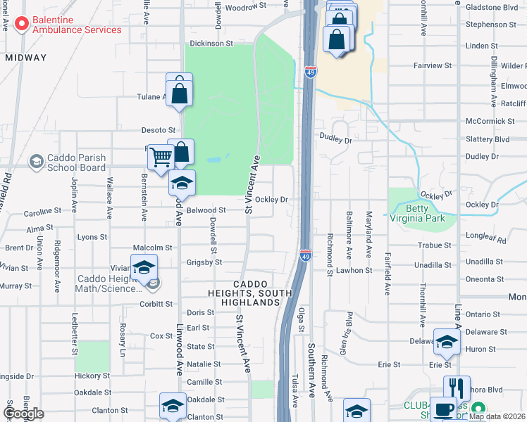 map of restaurants, bars, coffee shops, grocery stores, and more near 1335 Ockley Drive in Shreveport