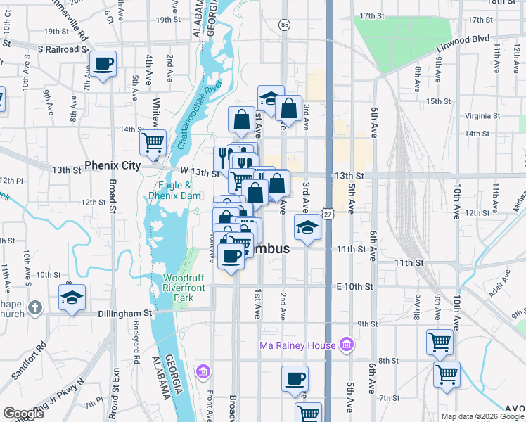 map of restaurants, bars, coffee shops, grocery stores, and more near 101 12th Street in Columbus