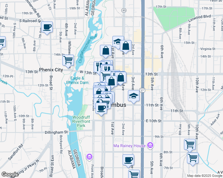 map of restaurants, bars, coffee shops, grocery stores, and more near 21 12th Street in Columbus