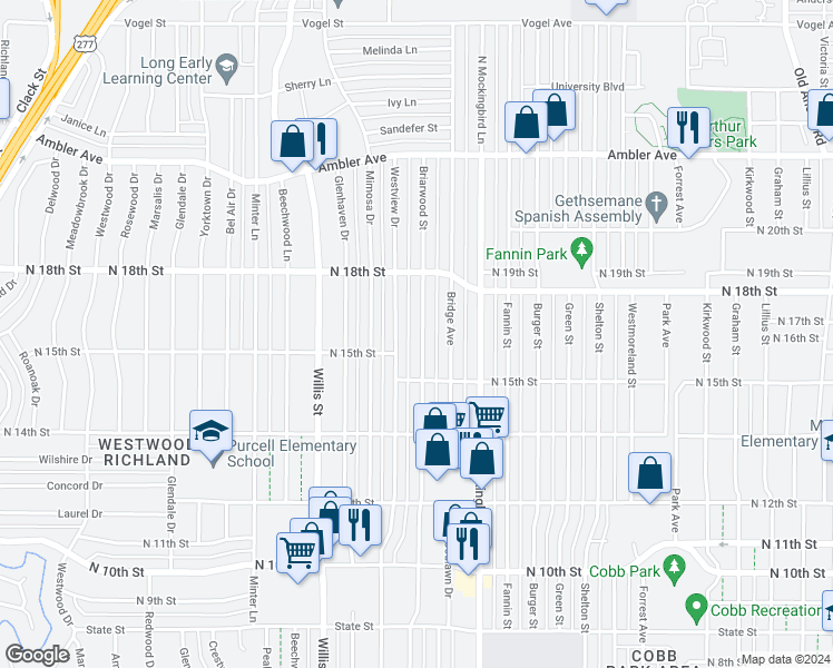 map of restaurants, bars, coffee shops, grocery stores, and more near 1618 Briarwood Street in Abilene
