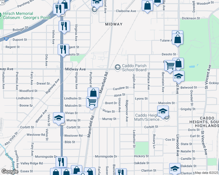 map of restaurants, bars, coffee shops, grocery stores, and more near 2024 Caroline Street in Shreveport