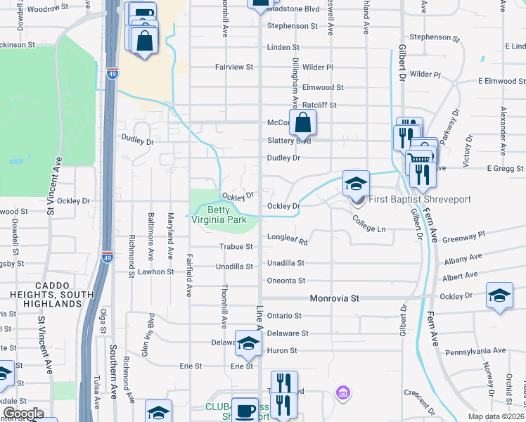 map of restaurants, bars, coffee shops, grocery stores, and more near 748 Ockley Drive in Shreveport