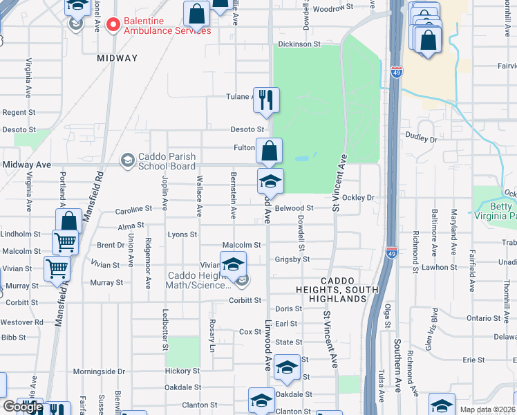 map of restaurants, bars, coffee shops, grocery stores, and more near 1616 Caroline Street in Shreveport