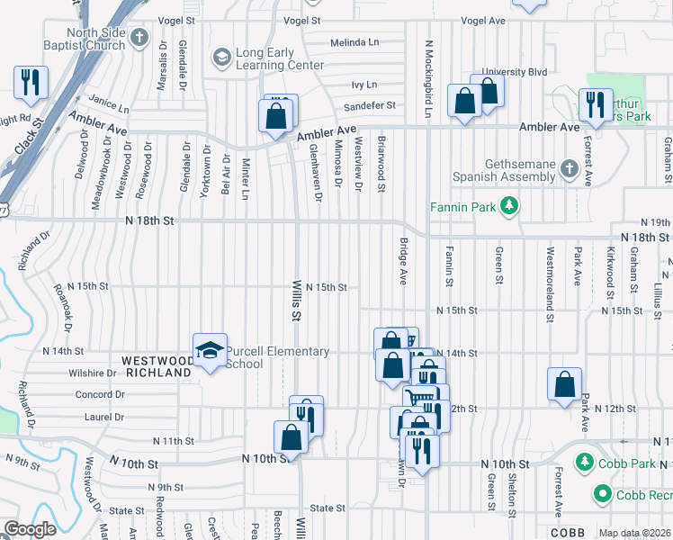 map of restaurants, bars, coffee shops, grocery stores, and more near 1601 Mimosa Drive in Abilene