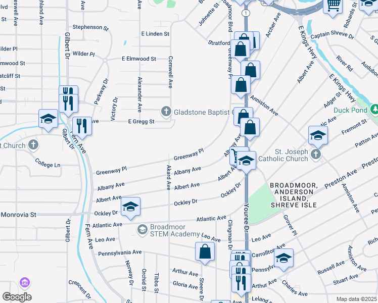 map of restaurants, bars, coffee shops, grocery stores, and more near 3770 Greenway Place in Shreveport