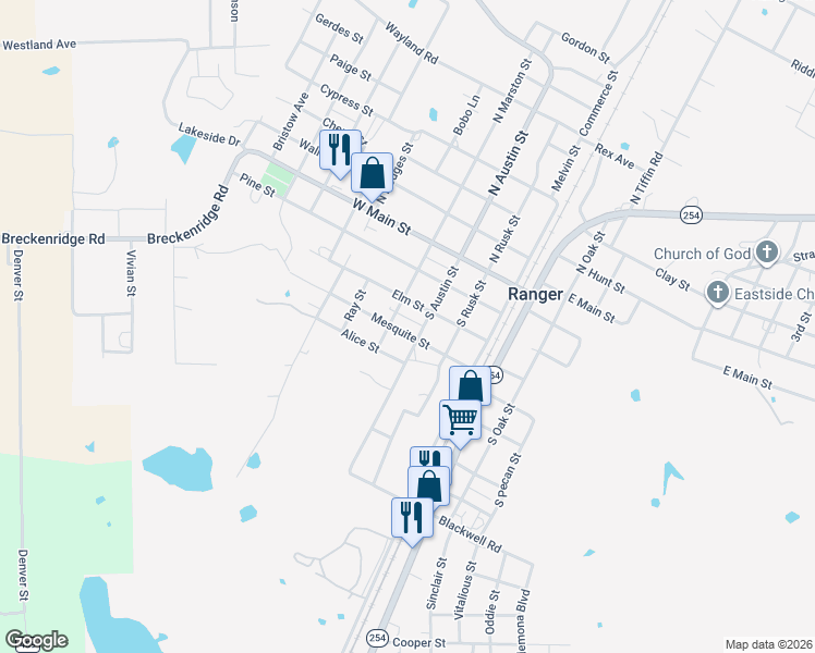 map of restaurants, bars, coffee shops, grocery stores, and more near 305 South Austin Street in Ranger