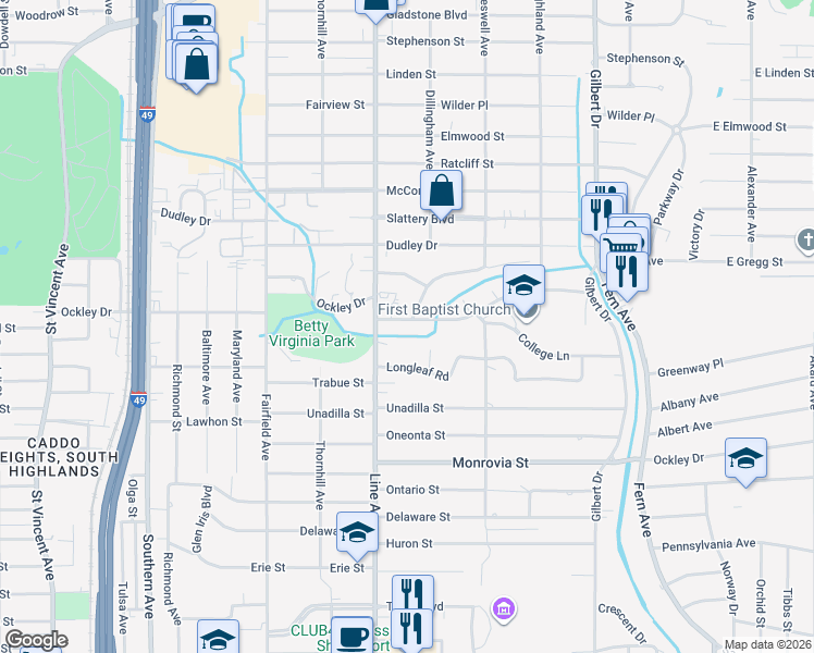 map of restaurants, bars, coffee shops, grocery stores, and more near 748 Ockley Drive in Shreveport