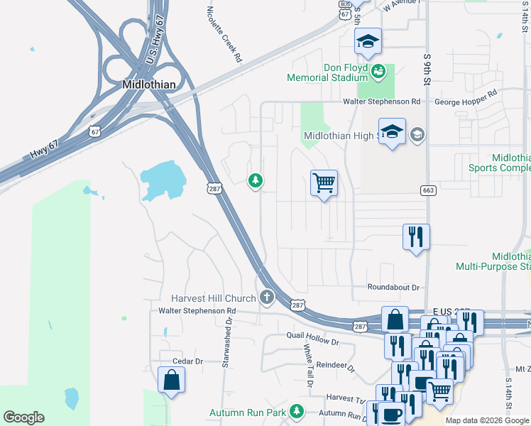 map of restaurants, bars, coffee shops, grocery stores, and more near 1111 Walter Stephenson Road in Midlothian