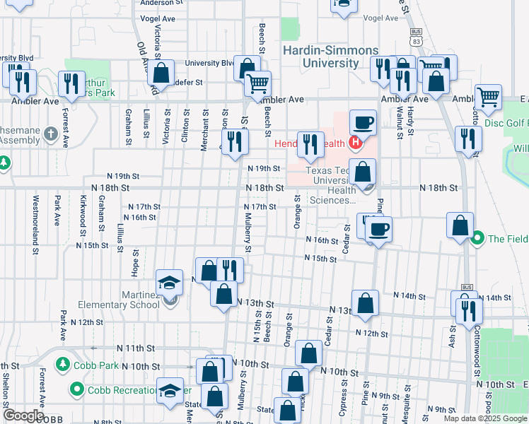map of restaurants, bars, coffee shops, grocery stores, and more near 1501 North 17th Street in Abilene