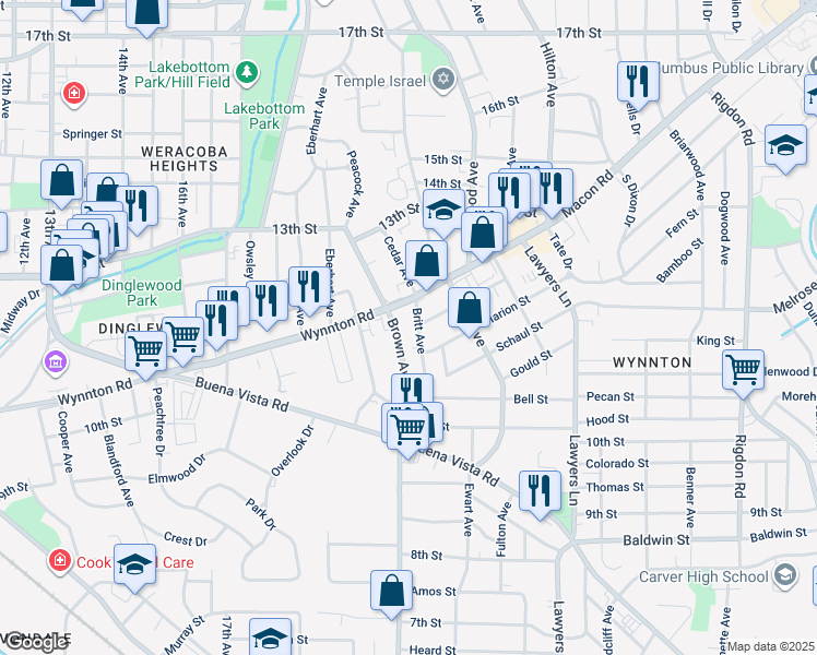 map of restaurants, bars, coffee shops, grocery stores, and more near 1170 Brown Avenue in Columbus