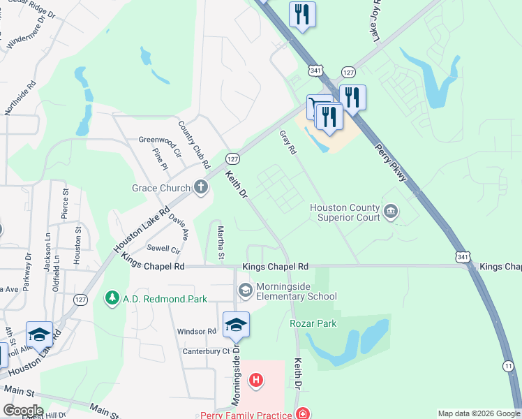 map of restaurants, bars, coffee shops, grocery stores, and more near 1310 Keith Drive in Perry