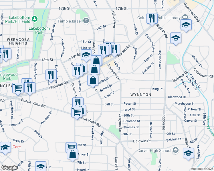 map of restaurants, bars, coffee shops, grocery stores, and more near 2503 Schaul Street in Columbus