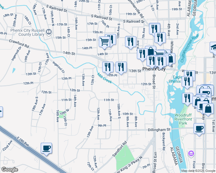 map of restaurants, bars, coffee shops, grocery stores, and more near 1106 12th Street in Phenix City