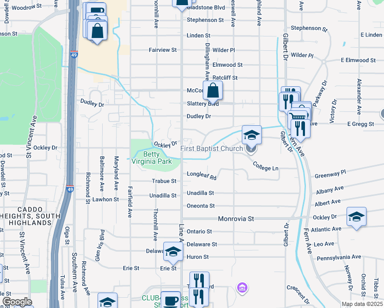 map of restaurants, bars, coffee shops, grocery stores, and more near 748 Ockley Drive in Shreveport