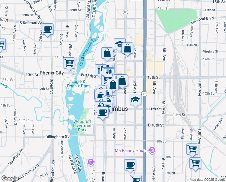 map of restaurants, bars, coffee shops, grocery stores, and more near 21 12th Street in Columbus
